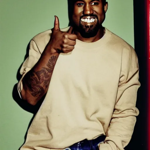 Image similar to Kanye West smiling and giving a thumbs up for a 1990s sitcom tv show, Studio Photograph, portrait C 12.0