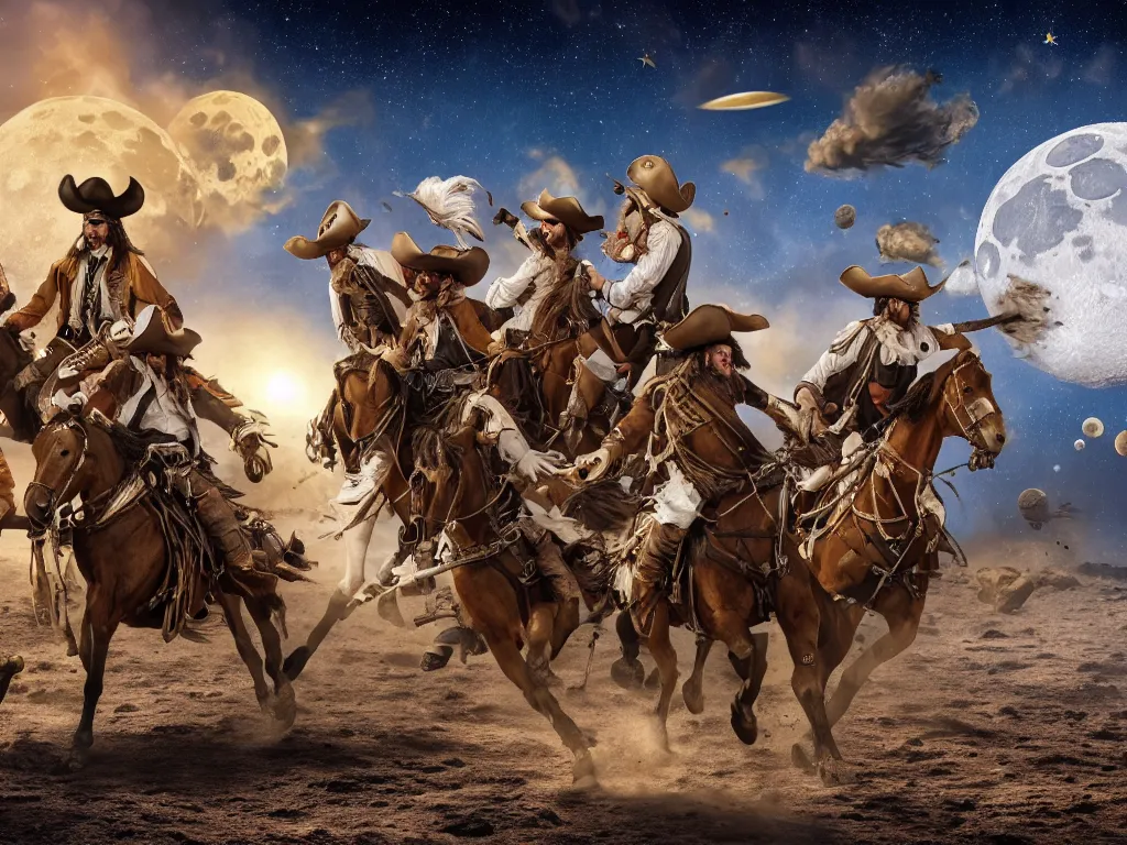 Image similar to cowboys and pirates fighting on the moon, cowboys have horses, pirates have cannons, High Definition detail, 8K, photograph