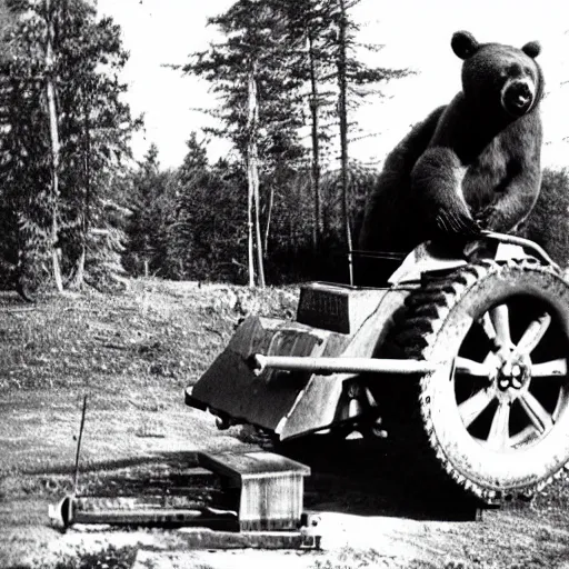 Prompt: a picture of a giant bear pulling a towed canon on wheel, eastern front, ww 2, historical picture