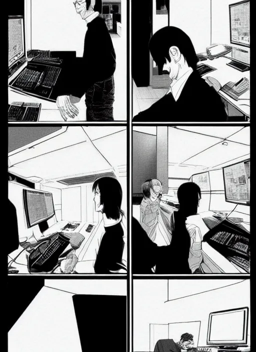 Prompt: steve jobs vs bill gates manga, extremely detailed, by katsuhiro otomo