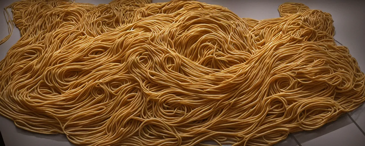 Prompt: famous sculpture made of spaghetti in ny museum of modern art, in the style of louise bourgeois, kodachrome film, retro