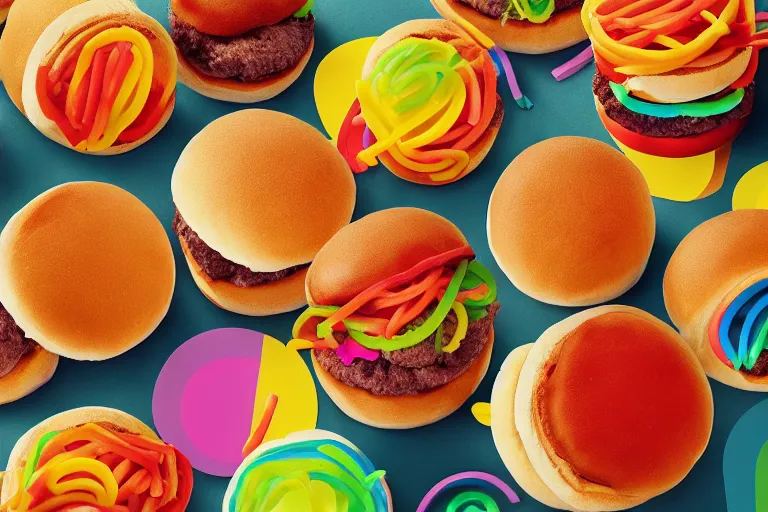 Image similar to mcdonalds rainbow hamburgers, commercial photograph taken on table