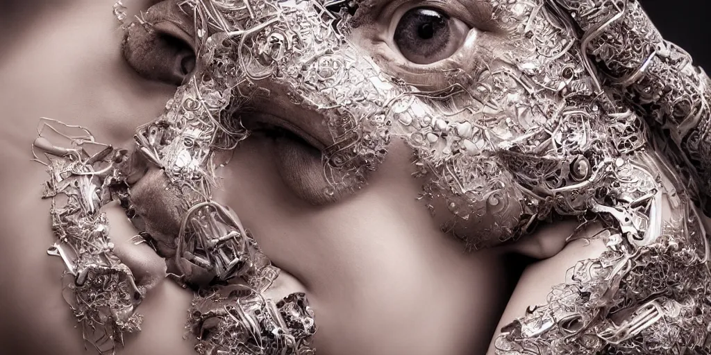 Image similar to hyperrealistic photography of a highly intricate, stunning, beautiful, perfect cyborg female, elbow, knee, intimate, hand holdings, in the style of beth cavener, jin kagetsu, chuck close, and wlop, highly detailed, face, eyes closed, symmetry, masterpiece, award - winning, sharp focus, concept art, ambient lighting, 8 k, artstation