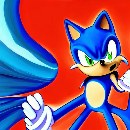 Prompt: a painting of Sonic the Hedgehog in the style of Kilian Eng