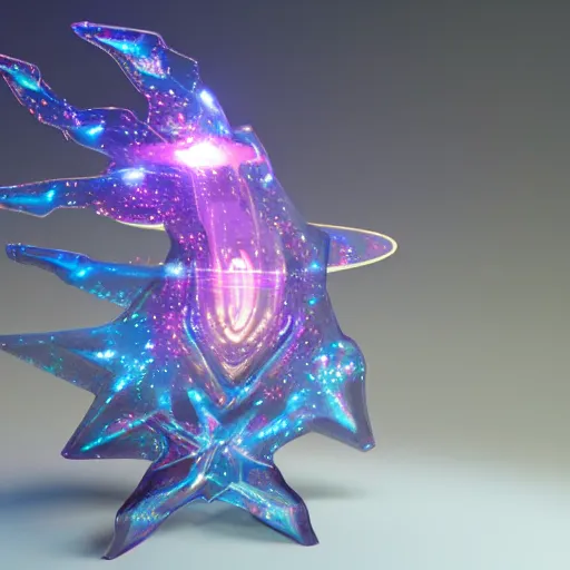 Prompt: holographic transparent futuristic galaxy sculpture of celestial steed, transparent celestial light gels, vibrant acrylic glass crinkled correction gel, colored film face, glowing stars, glinting, glittering, cyan, white, ultra realistic, photorealistic, 3 d render, unreal engine, octane render, sharp, studio