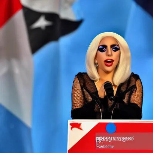 Image similar to Lady Gaga as president, Argentina presidential rally, Argentine flags behind, bokeh, giving a speech, detailed face, Argentina