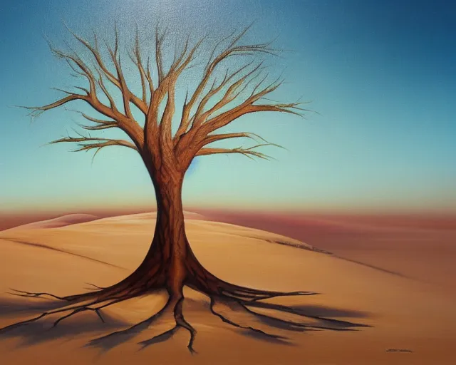 Prompt: a striking painting of a tree in the desert, an airbrush painting by breyten breytenbach, sea of sand, cgsociety, neo - primitivism, airbrush art, dystopian art, apocalypse landscape