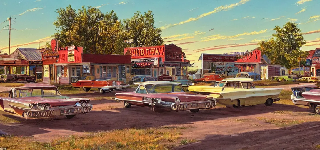 Image similar to concept art of a small rural town in middle America in the 1960s, detailed, Americana, golden hour