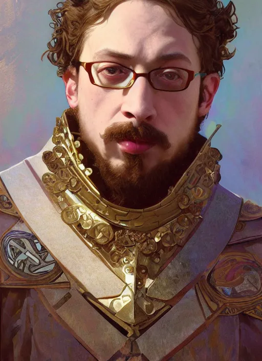 Prompt: Sam Hyde wearing a luxurious suit of Roman armor, posing, sigma male, portrait art by alphonse mucha and greg rutkowski, highly detailed, digital painting, concept art, illustration, dim lighting with twilight rays of sunlight, trending on artstation, very detailed, smooth, sharp focus, octane render, close up