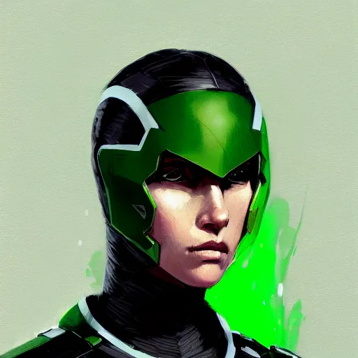 Image similar to portrait of a female superhero by greg rutkowski, she looks like thomasin mackenzie, she is wearing a black and green kevlar gear with a cape, highly detailed portrait, digital painting, artstation, concept art, smooth, sharp foccus ilustration, artstation hq