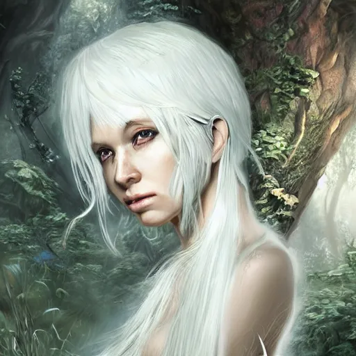 Image similar to a highly detailed portrait of a humanoid fantasy creature with white hair in a fantasy forest concept art