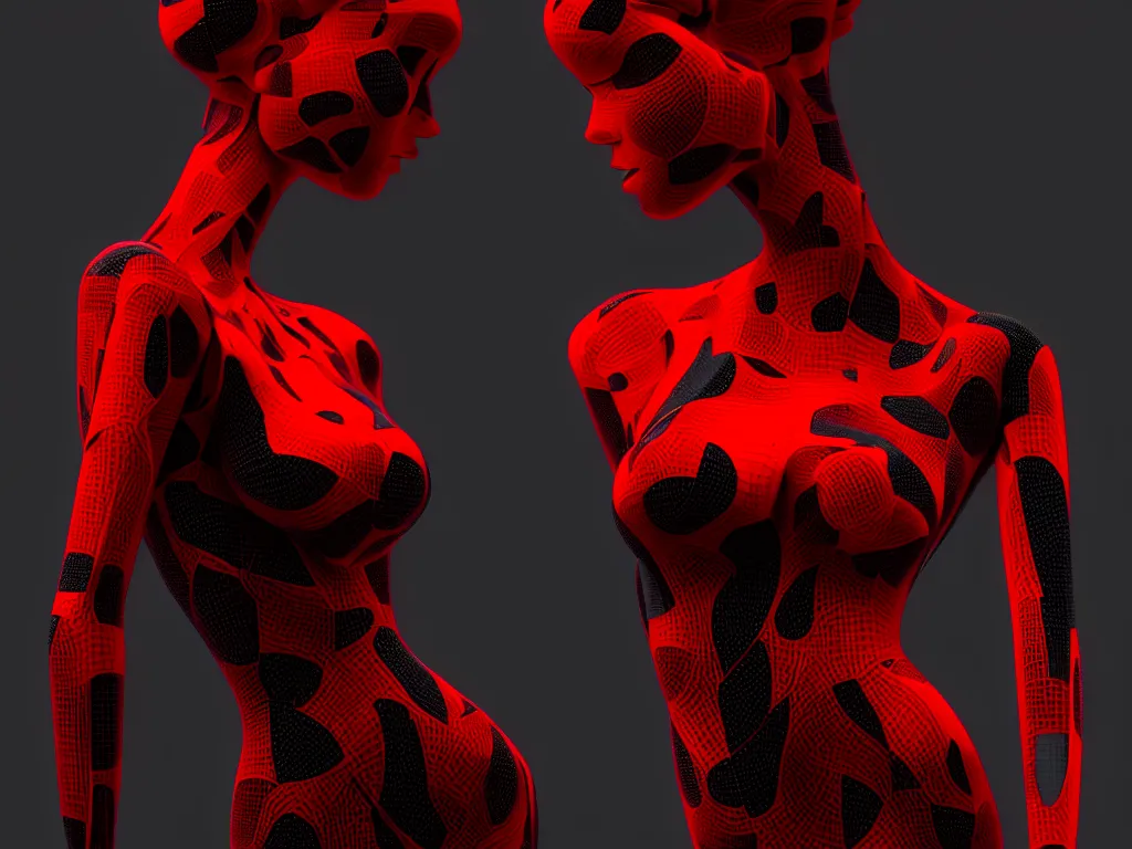 Prompt: a beautiful red and black 3 d geometrically printed mannequin in the style of james jean, chrome orchids dripping black iridescent liquid, winged victory, moody, dramatic, introspective, 4 k, trending on artstation, photorealistic, volumetric lighting, octane render