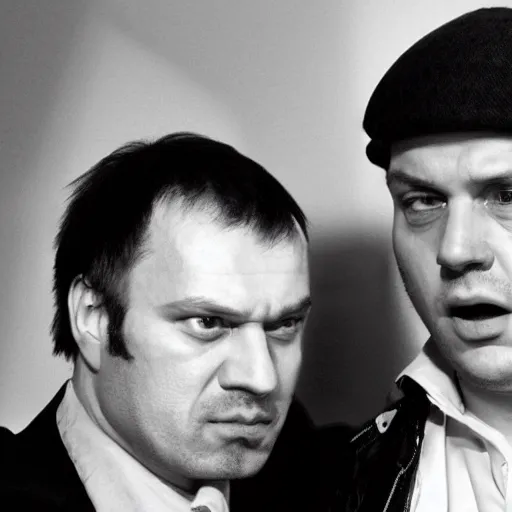 Prompt: portrait of alexandr zembatov and mikhail alontsev in gangsta comedy of 1990s, movie shot