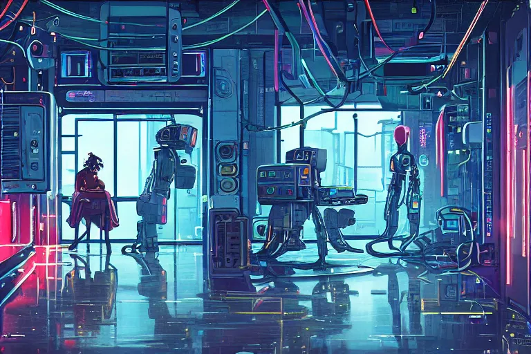 Image similar to robot repair shop, broken robot on ground, science-fiction, cyberpunk, neon lights, mist, cables, computer screens, girl working, windows, 8k, illustration, art by ghibli and moebius