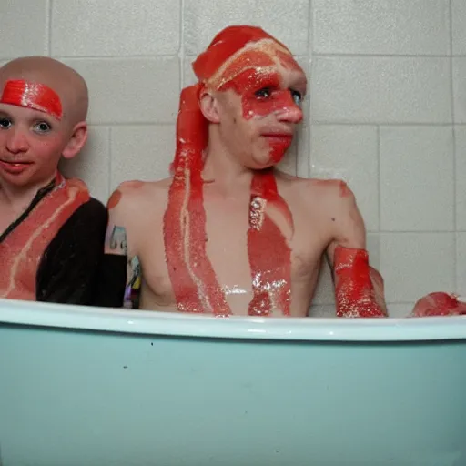 Image similar to characters from gummo sitting in a dirty bath tub with bacon taped to the wall