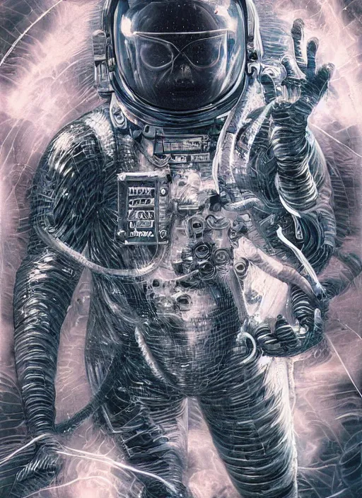 Image similar to astronaut in dark void underwater - complex and hyperdetailed technical suit design. reflection and dispersion materials. rays and dispersion of light. volumetric light. f / 3 2. noise film photo. flash photography. ultra realistic, 5 0 mm. poster by wayne barlowe, hajime sorayama aaron horkey, craig mullins