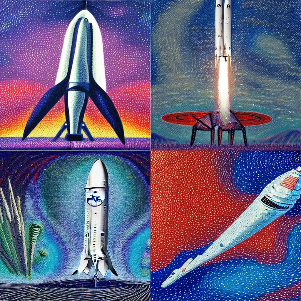 Prompt: spacex starship rocket landing on earth, pointilism painting