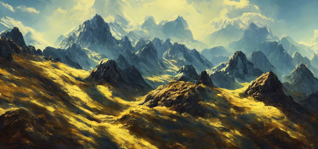 Image similar to mountain landscape, craggy mountains, panoramic, painting, color palette, beautiful sky, sharp peaks, soft foothills, artstation award, highly detailed