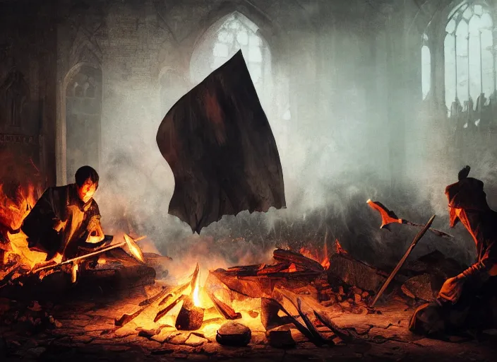 Image similar to theknight in hand sheet of paper, book background. around the fire, volumetric lighting, digital painting, highly detailed, artstation, sharp focus, illustration, concept art, ruan jia, steve mccurry, amazing composition, gothic arch frame