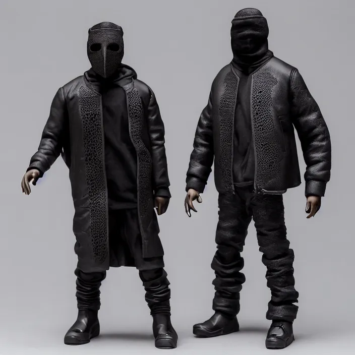 Image similar to kanye west using a face covering black mask with small holes, a black shirt, a black overinflated puffer jacket and black rubber boots, a hot toys figure of kanye west using a black mask with small holes, a black shirt, a black undersize hoodie and black rubber boots, figurine, detailed product photo