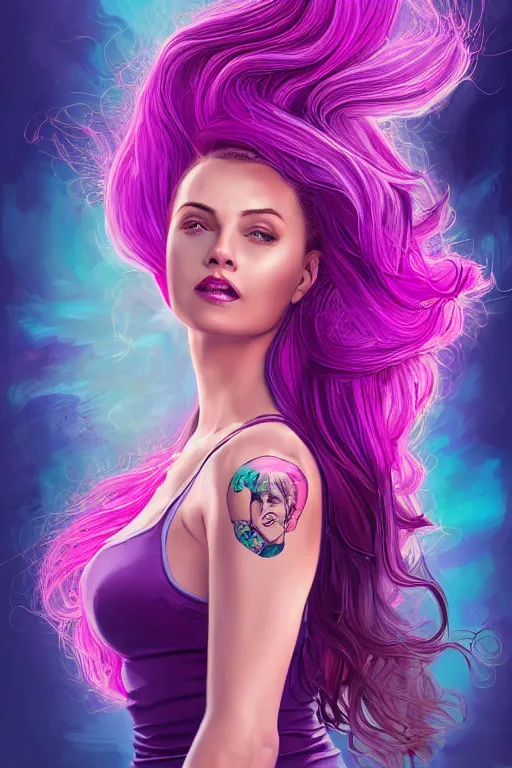 Prompt: a award winning half body porttrait of a beautiful woman in a croptop with ombre purple pink teal hairstyle with head in motion and hair flying by marvel comics and sandra chevelier, outrun, vaporware, illustration, digital art, trending on artstation, highly detailed, fine detail, intricate