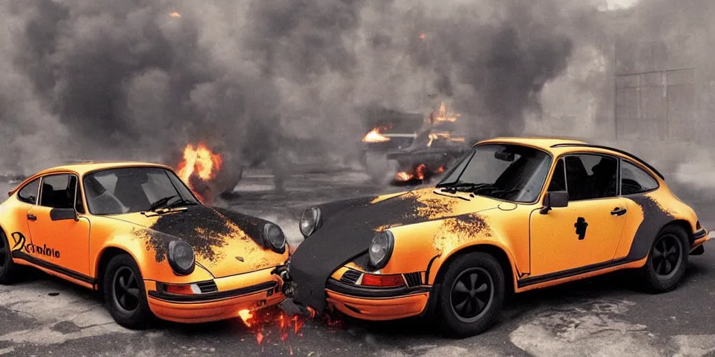 Prompt: porsche 911 time traveling in back 2 the future. flaming tire marks on the street behind. 88miles per hour