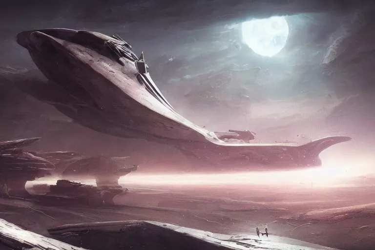 Prompt: spaceship lands on the face of a foreign alien planet, foreboding, dangerous, dark, scary, brooding amazing concept painting by Jessica Rossier and HR Giger