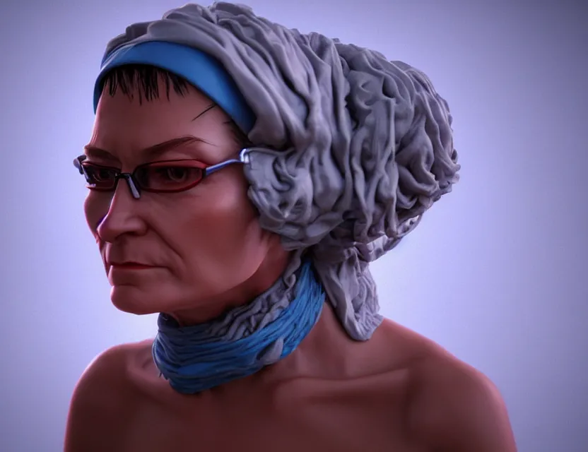 Prompt: cinematic bust portrait of robo face granny cyborg body, a scarf tied on the head, by jean giraud, trending artstaition, 3 d, unreal engine