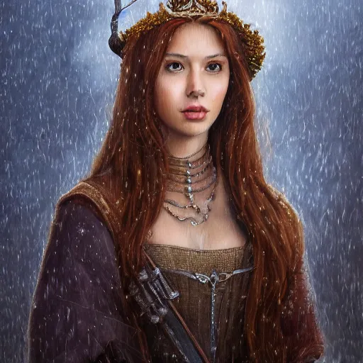 Prompt: portrait of an princess, painting by michael wellen, john stephens, in a medieval city, tone mapping, stormy weather, sleet, trending on artstation