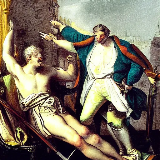 Image similar to French Revolution, beheading louis 16, frog perspective, digital art