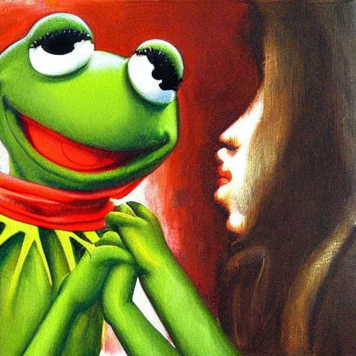 Prompt: terrified kermit the frog, oil painting, botticelli, raphael, vermeer