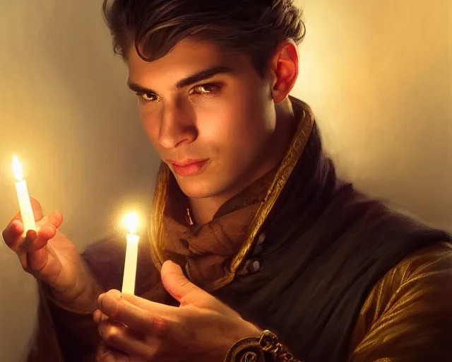 Prompt: a mind - blowing portrait of a fortune seeker male, clean shaven, holding a candle holder, wearing dark maritime clothing, intelligent, deep focus, d & d, fantasy, intricate, elegant, highly detailed, digital painting, artstation, concept art, matte, sharp, illustration, hearthstone, art by artgerm and greg rutkowski and alphonse mucha