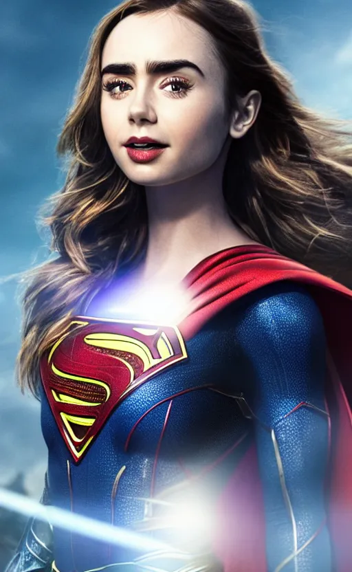 Image similar to a potrait of Lily Collins as Supergirl with man of steel suit style and full armour by Zack Snyder, 8k photorealistic, cinematic lighting, HD, high details, dramatic, trending on artstation, view from above