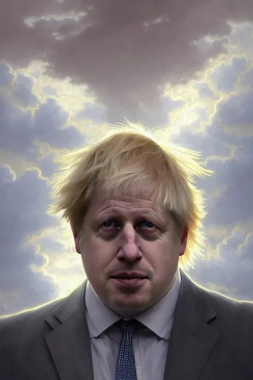 Image similar to a distant shot of Boris Johnson as Punsiher, masculine figure, bright hopeful atmosphere, volumetric lights, beam of bright light through the clouds, intricate, elegant, highly detailed, extremely detailed, digital painting, artstation, concept art, matte, smooth, sharp focus, hyper realistic, illustration, art by Artgerm and Greg Rutkowski and Alphonse Mucha