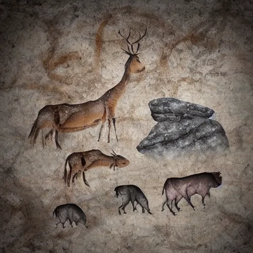 Image similar to realistic prehistoric cave drawings, cave, high quality, rocks, paint