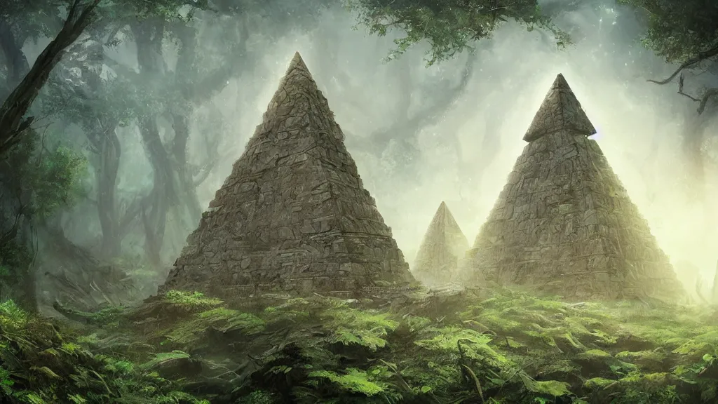 Prompt: Ruins of an ancient alien pyramid in the middle of an overgrown forest, dreamscape, dramatic lighting, fantasy art illustration, trending on artstation, Aetherpunk