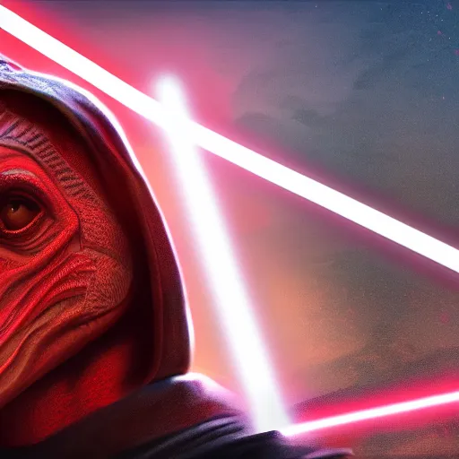 Image similar to Jar Jar binks revealing himself as a sith lord, digital art 4k