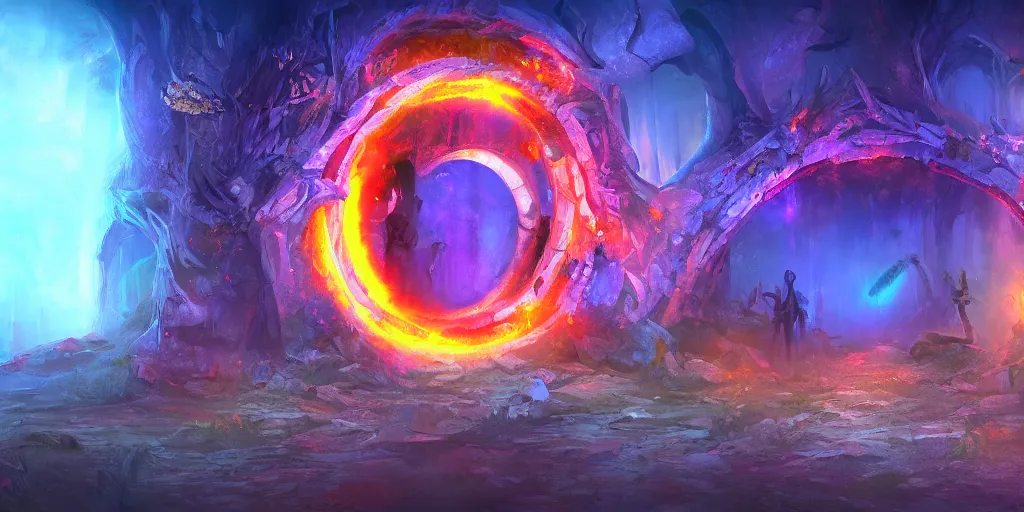 Image similar to colorful portal to another realm, apocalyptic fantasy, mmo, digital art, 4 k