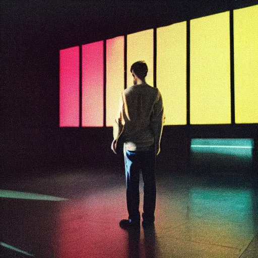 Image similar to kodak portra 4 0 0 photograph of a skinny blonde guy standing in a room with floor to ceiling hypno tv screens, back view, moody lighting, telephoto, 9 0 s vibe, blurry background, vaporwave colors!, faded!,