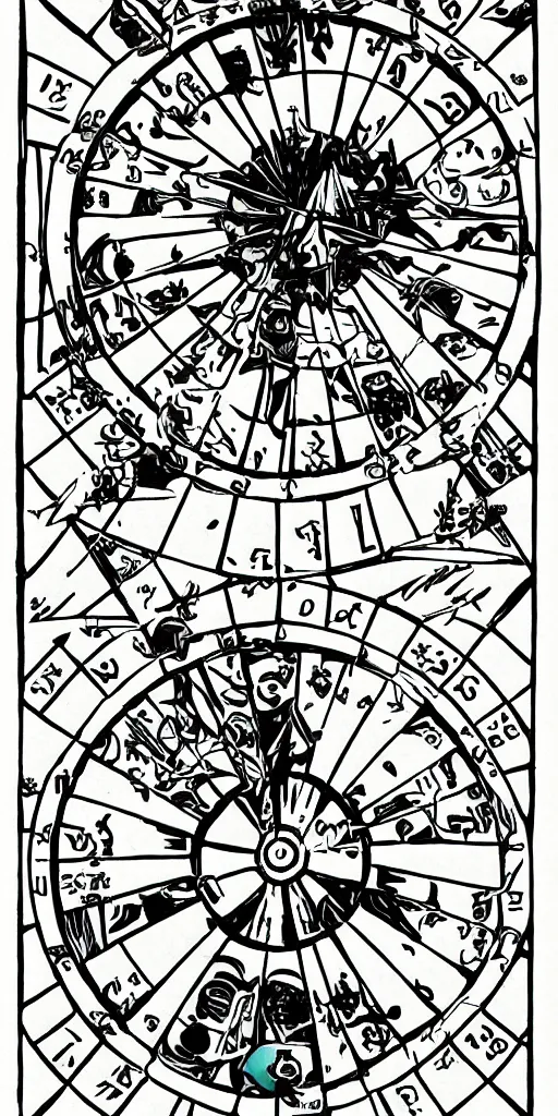 Prompt: Wheel of Fortune tarot card by a famous anime artist, clean, sharp lines, minimalistic,