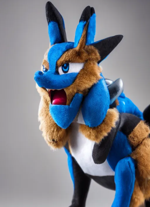 Image similar to portrait photo still of real life pokemon character lucario, 8 k, 8 5 mm f 1. 8