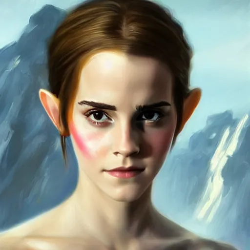 Image similar to a movie still frame, of emma watson as a female elf, oil on linen, beautiful painting, by tooth wu, artgerm, fantasy concept art portrait, by bayard wu,