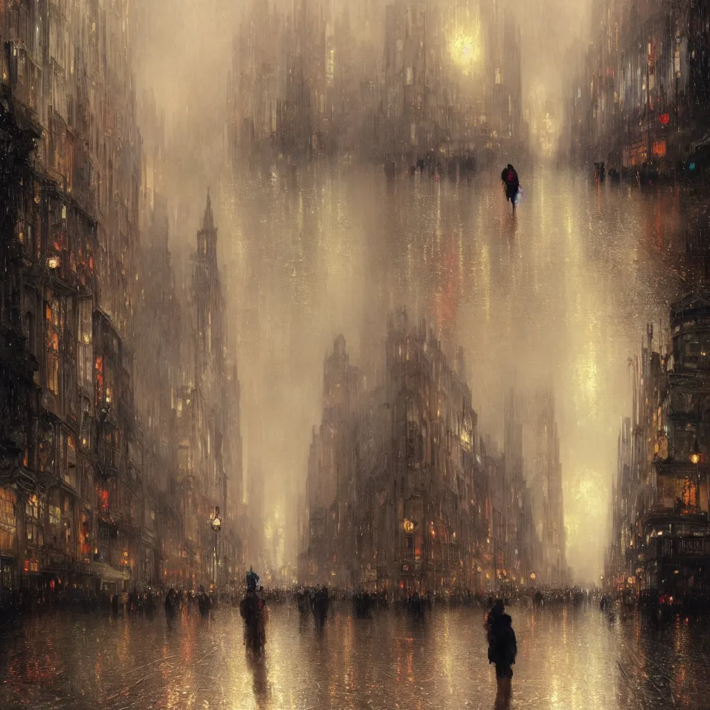 Image similar to a beautifull intricate city, wet sidewalk, people, reflections, raindrops, high details, art by william turner, by greg rutkowski and by alphonse mucha, trending on artstation, extremely detailed, masterpiece