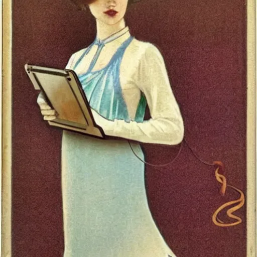 Prompt: a 2 1 st century jugendstil dress, woman with ipad