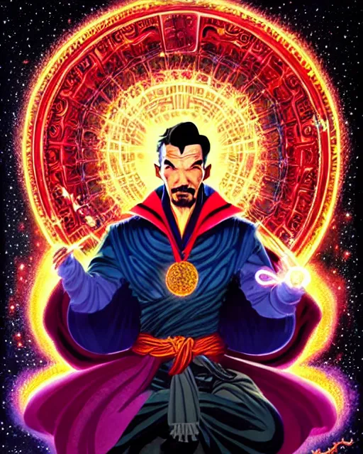 Image similar to a thangka portrait of dr. strange with glow, surrounded with spiriling sparkling flash crystals and galaxies, by jesper ejsing, aleksi briclot, hyper light drifter, by ilya kuvshinov katsuhiro, jim burns, ed emshwiller, greg rutkowski, trending on artstation