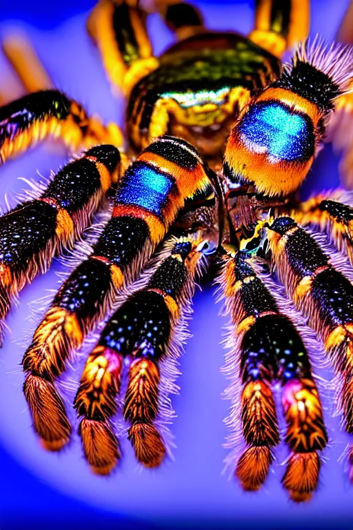 Image similar to high quality macro photo iridescent tarantula! jewelled supercute! highly detailed david ligare elson peter cinematic blue neon lighting high quality low angle hd 8k sharp shallow depth of field