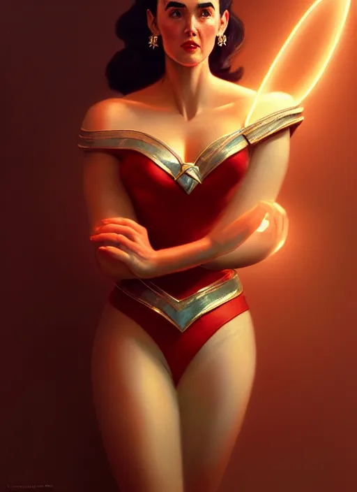 Image similar to portrait of 1 9 5 0 s darna, jennifer connelly, intricate, elegant, glowing lights, highly detailed, digital painting, artstation, glamor pose, concept art, smooth, sharp focus, illustration, art by wlop, mars ravelo and greg rutkowski