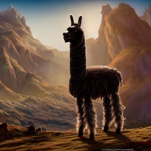 Image similar to A cinematic matte painting of a llama with dreadlocks, heroic pose, ultra realistic, ultra detailed, in the style of chriss foss