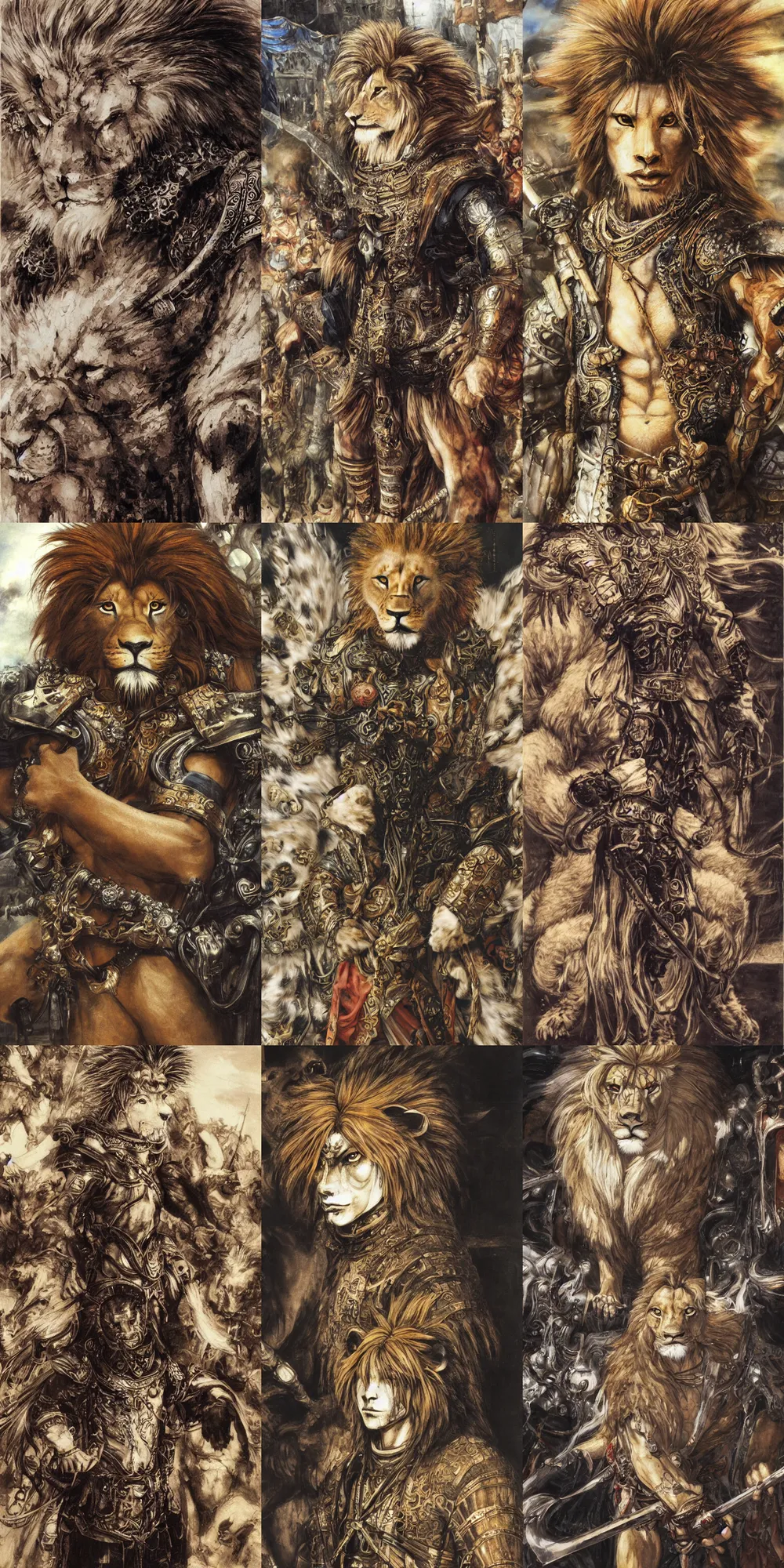 Image similar to 8 k yoshitaka amano painting of upper body of a young cool looking lion beastman with white mane at a medieval market at windy day. depth of field. he is wearing complex fantasy clothing. he has huge paws. renaissance style lighting.