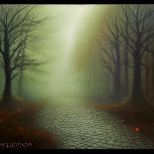 Image similar to in the style of gerald brom, beautiful small down, cobblestone roads, low light, end of day, trees, forest in the distance, light mist